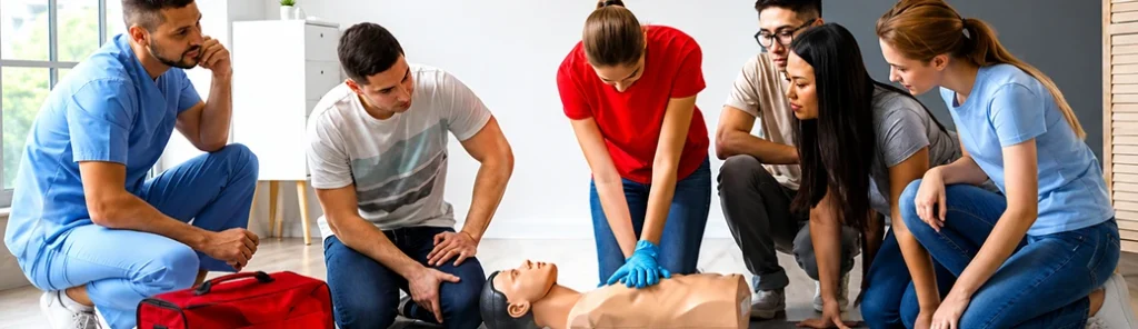 Group Practicing CPR Techniques on Mannequin in Training Session