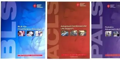 BLS, ACLS, and PALS Training Manuals Displayed Together